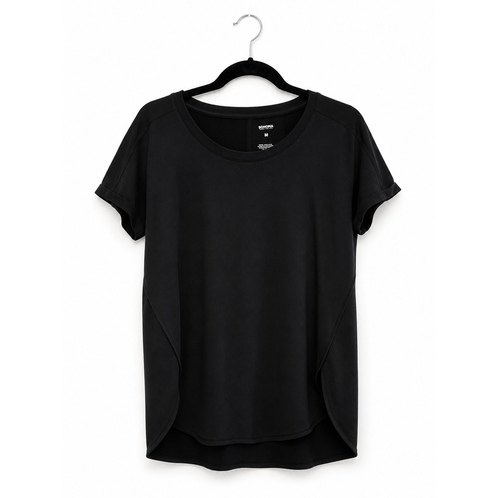 Sonoma Goods For Life Womens Black Cuffed Short Sleeve High Low Hem Tee M